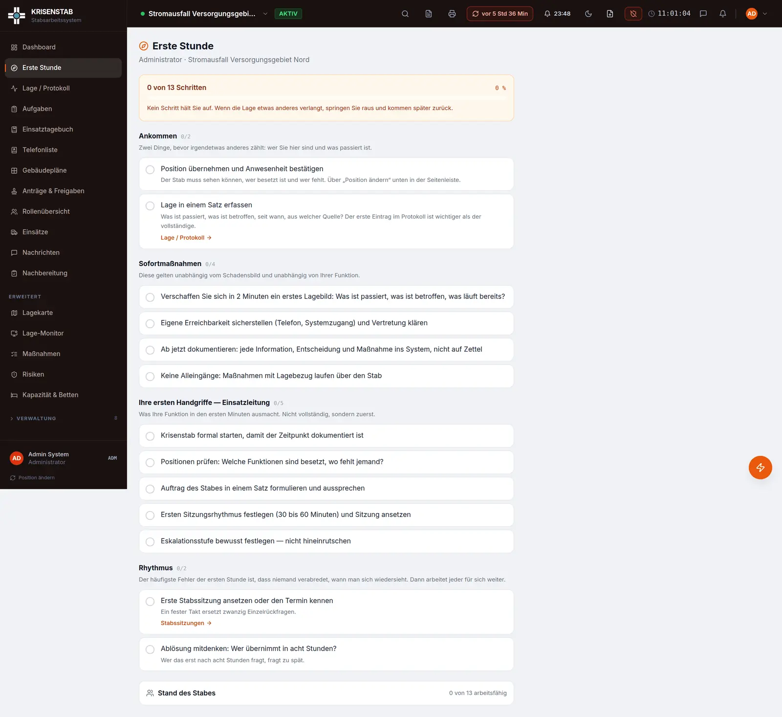 KRISENSTAB Modul Erste Stunde: Checkliste mit Sofortmaßnahmen und ersten Handgriffen je Position
